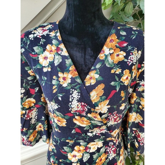 Vintage Mondo Blue Floral V-Neck Long Sleeve Casual Knee Length Dress Size 2X - Picture 5 of 11